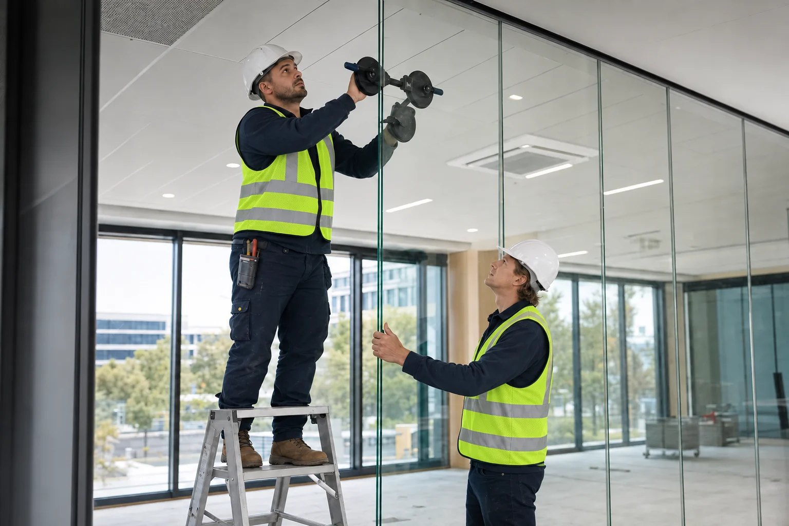 Two glaziers in yellow reflective vests installing an interior glass partition.